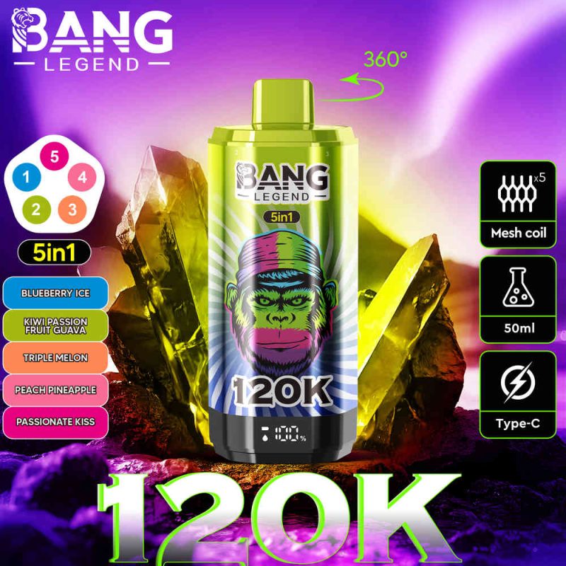 BANG Legend 5 in 1 Flavors 120,000 Puffs Disposable Vape Blueberry Ice&Kiwi Passion Fruit Guava&Triple Melon&Peach Pineapple&Passion Kiss/EUROVAPEPRO