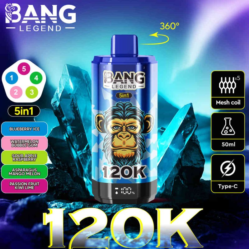 BANG Legend 5 in 1 Flavors 120,000 Puffs Disposable Vape Blueberry Ice&Watermelon Bubble Gum&Sour Apple Raspberry&Asparagus Mango Melon&Passion Fruit Kiwi Lime/EUROVAPEPRO