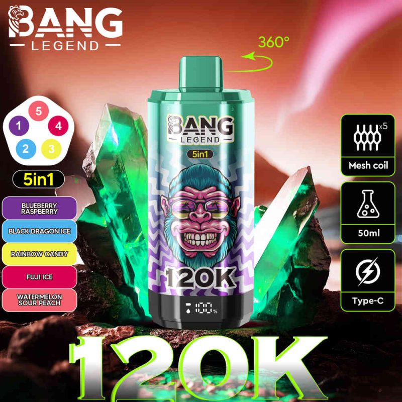 BANG Legend 5 in 1 Flavors 120,000 Puffs Disposable Vape Blueberry Raspberry&Black Dragon Ice&Rainbow Candy&Fuji Ice&Watermelon Sour Peach/EUROVAPEPRO
