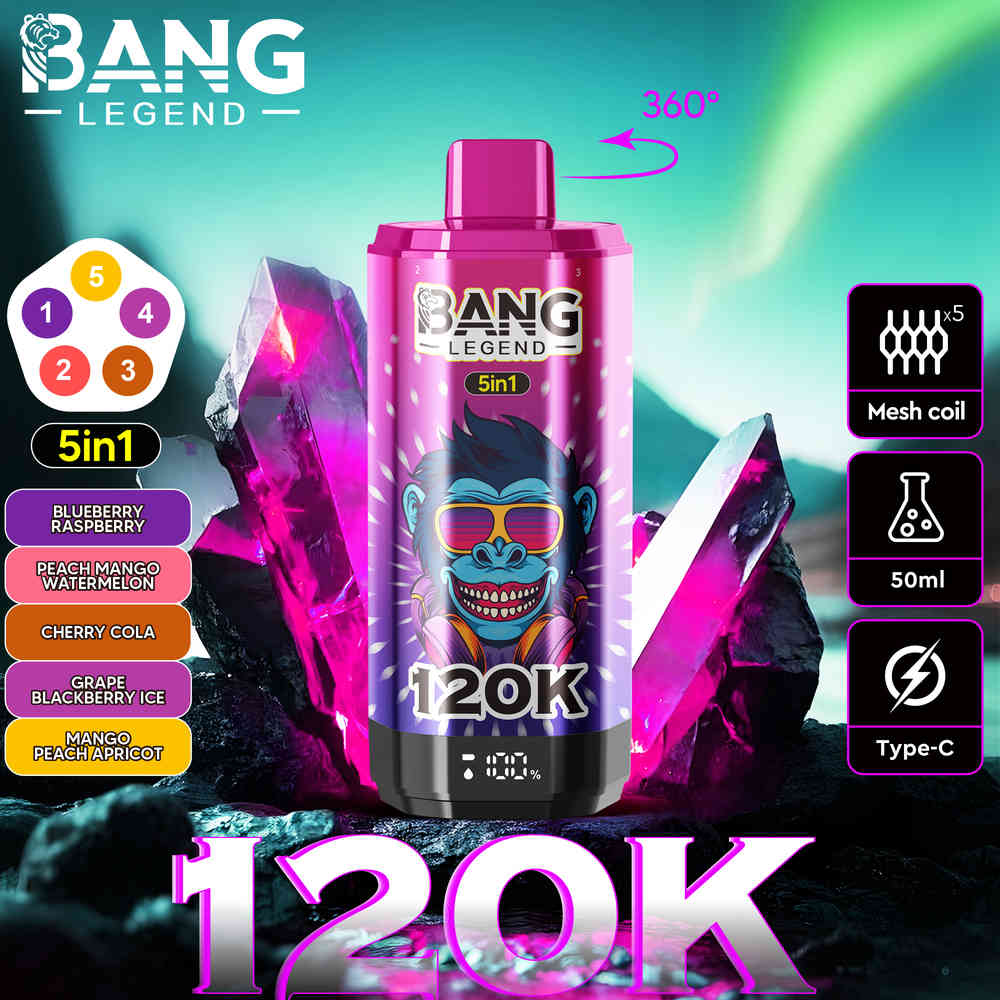 BANG Legend 5 in 1 Flavors 120,000 Puffs Disposable Vape Blueberry Raspberry&Peach Mango Watermelon&Cherry Cola&Grape Blakberry Ice&Mongo Peach Apricot/EUROVAPEPR