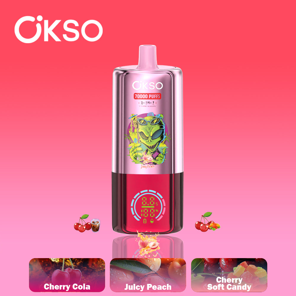OKSO 3in1 70000 70K_Puffs Disposable Vape Cherry Cola Juicy Peach Cherry Soft Candy EuroVapepro