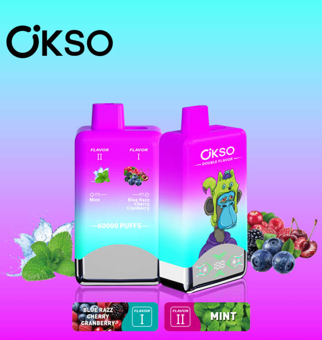 OKSO Double Flavour 60000 60K Puffs Disposable Vape Blue Razz Cherry Cranberry Mint Eurovapepro